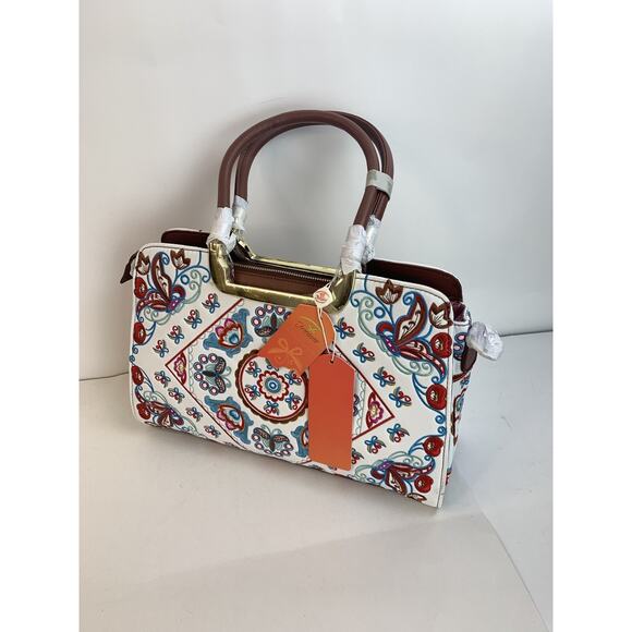 NEW Fricaine Treasure Brown Satchel Bag Turquoise Red Embroidered Purse Handbag - Picture 2 of 10